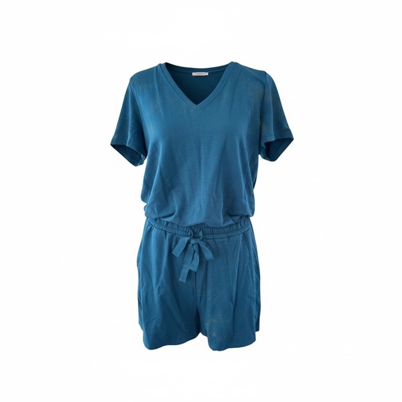 Daily Ritual Pants - Daily Ritual Teal Romper V-Neck Short Sleeve Drawstring Waist‎ Casual M
